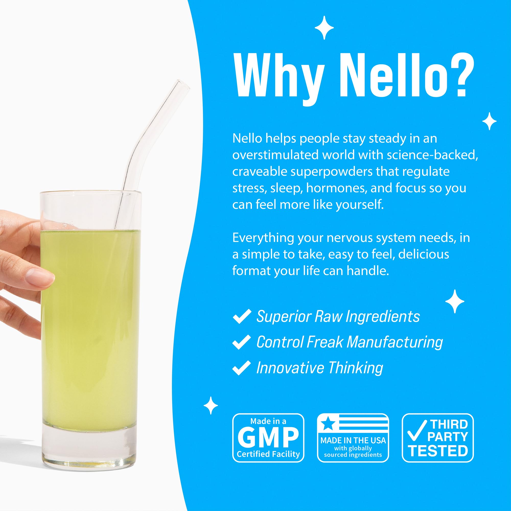 Nello Supercalm bote en mano para comparar tamaño y porciones del producto