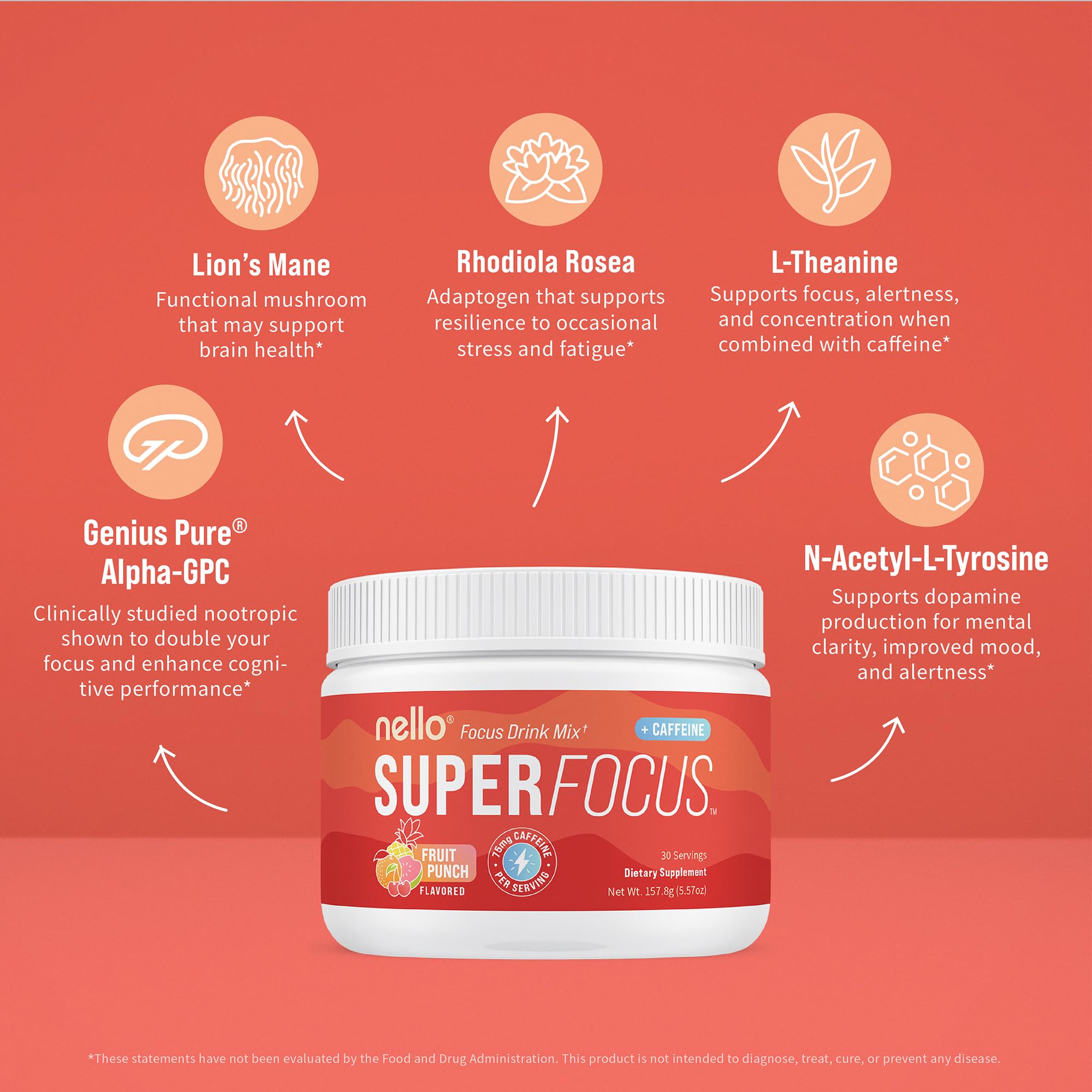 Etiqueta con lista de ingredientes de Nello Superfocus destacando Alpha-GPC
