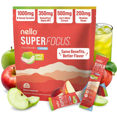 Nello Superfocus frente del empaque mostrando 20 sobres y beneficio de conveniencia
