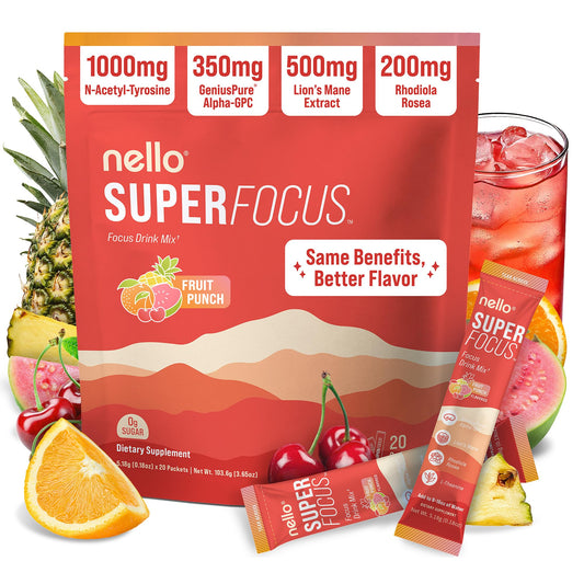 Nello Superfocus frente del sobre mostrando diseño y sabor fruit punch