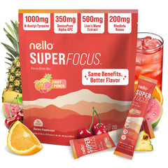 Nello Superfocus frente del sobre mostrando diseño y sabor fruit punch