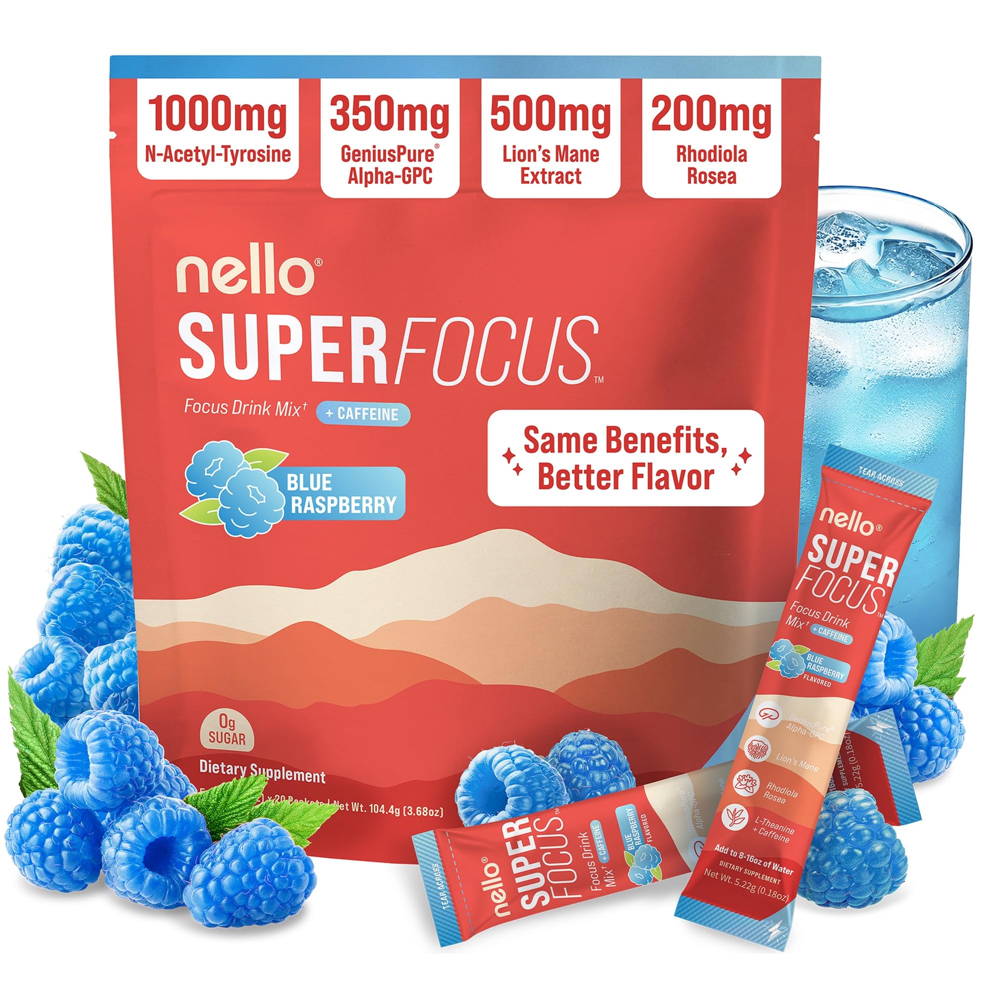 Nello Superfocus frente del empaque mostrando diseño azul frambuesa y ventaja sin azúcar