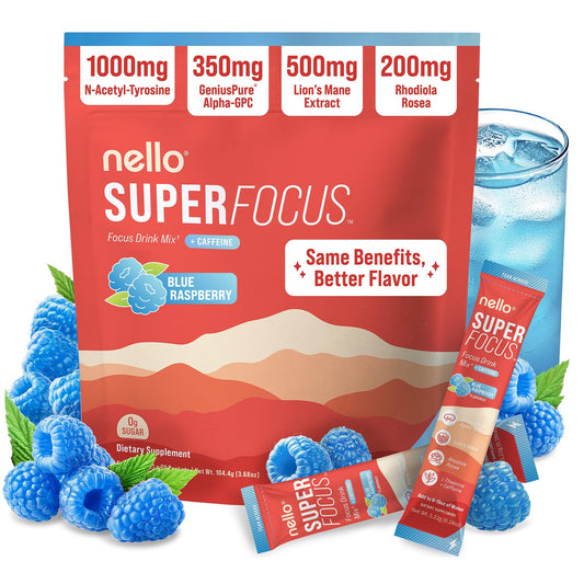 Nello Superfocus frente del empaque mostrando diseño azul frambuesa y ventaja sin azúcar