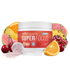 Nello Superfocus frontal del empaque mostrando 30 sobres y sabor fruit punch