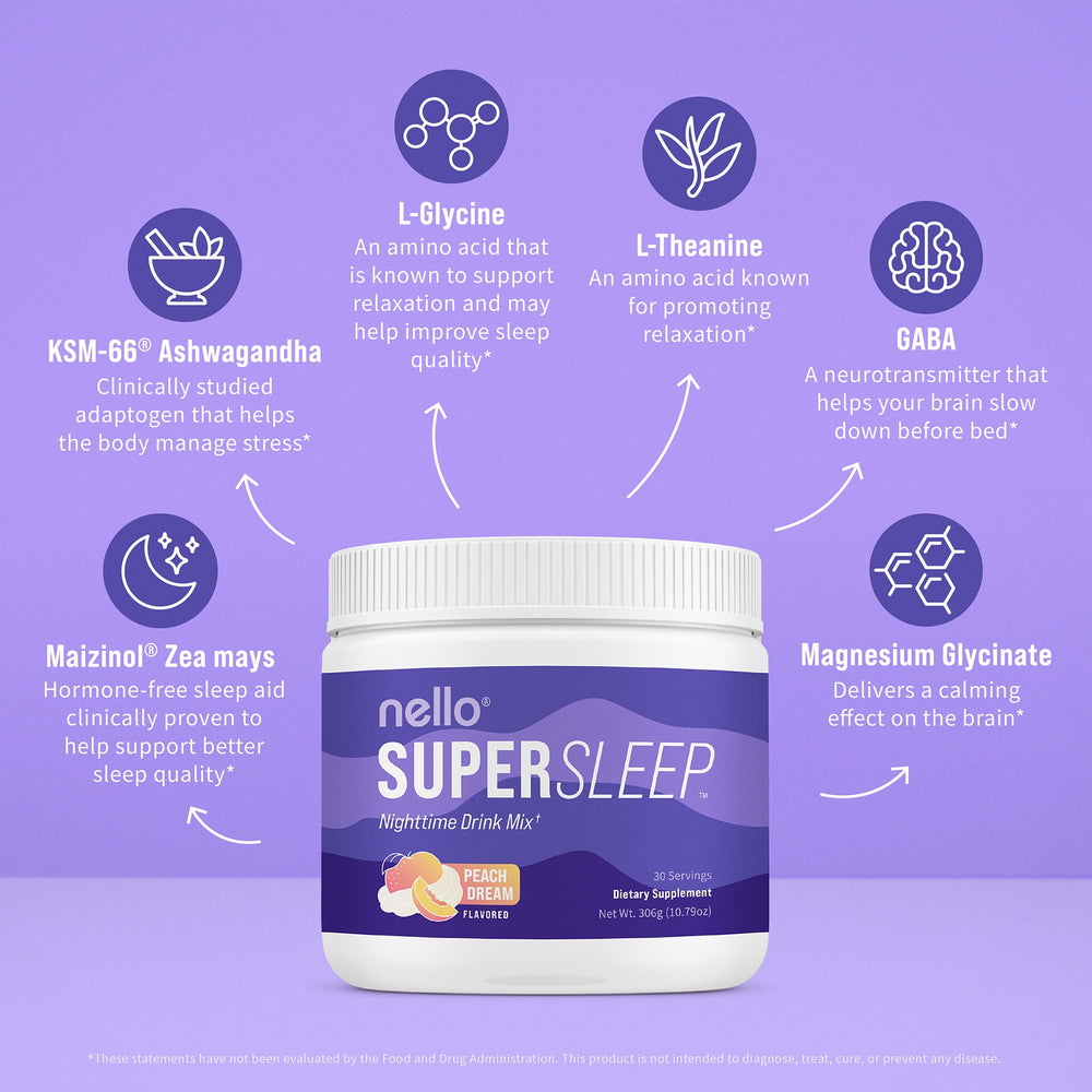 Nello Supersleep etiqueta con lista de ingredientes destacando ashwagandha y maizinol