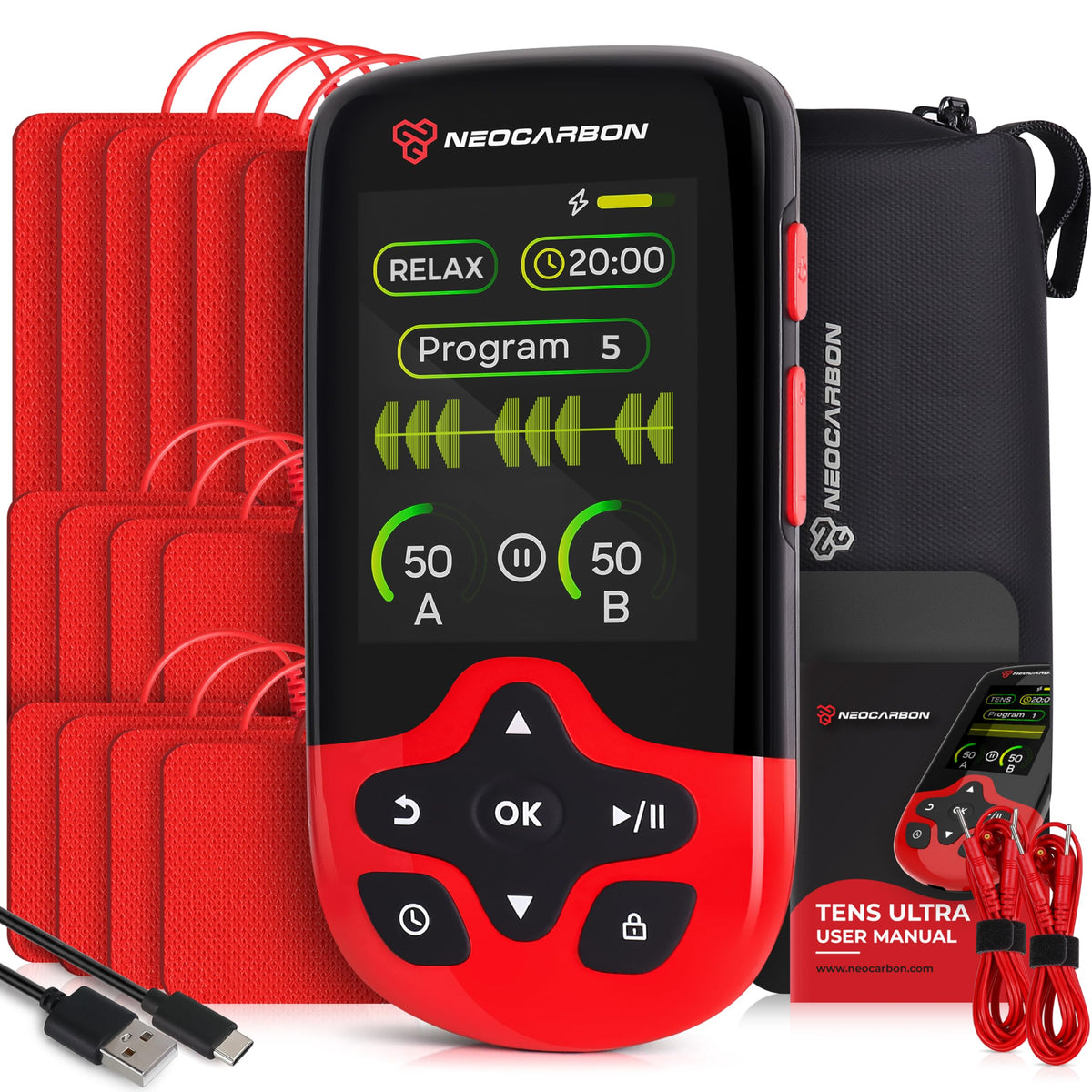 Neocarbon vista frontal del dispositivo rojo con pantalla clara y controles accesibles