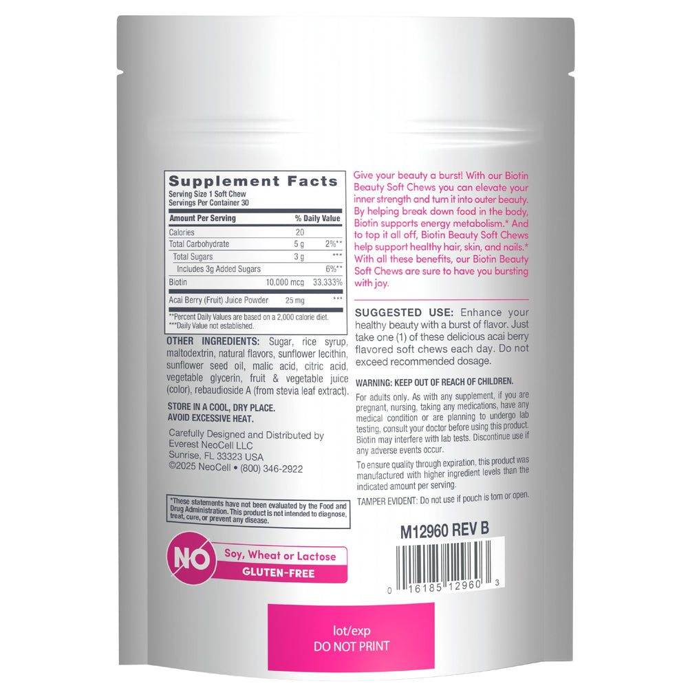 Detalle de textura del masticable NeoCell Biotin mostrando suavidad y sabor
