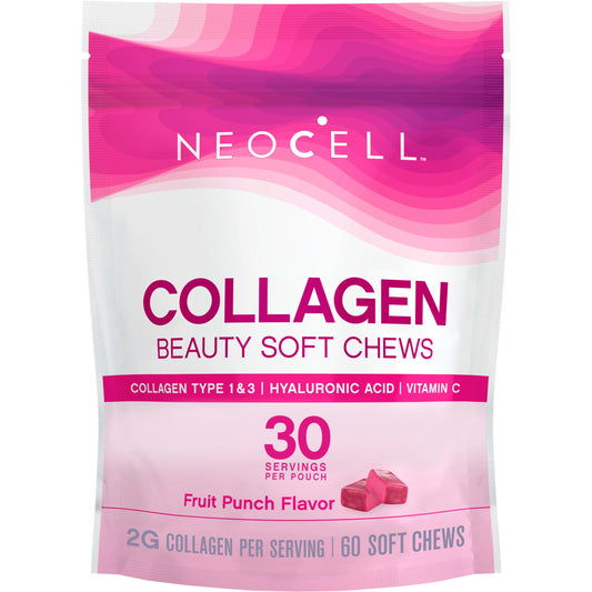 NeoCell bolsa frente que muestra 60 masticables y beneficios de belleza