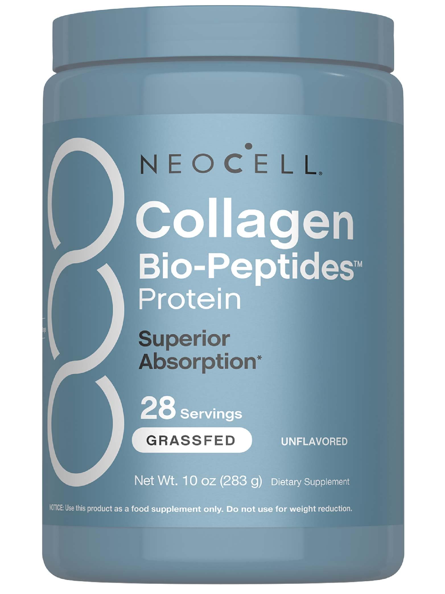 NeoCell Colágeno Bio-Peptidos: botella para uso diario y soporte de hidratación.