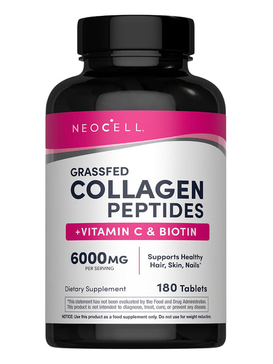 NeoCell collagen peptides pills bottle front highlighting vitamin C and biotin for hair and nails