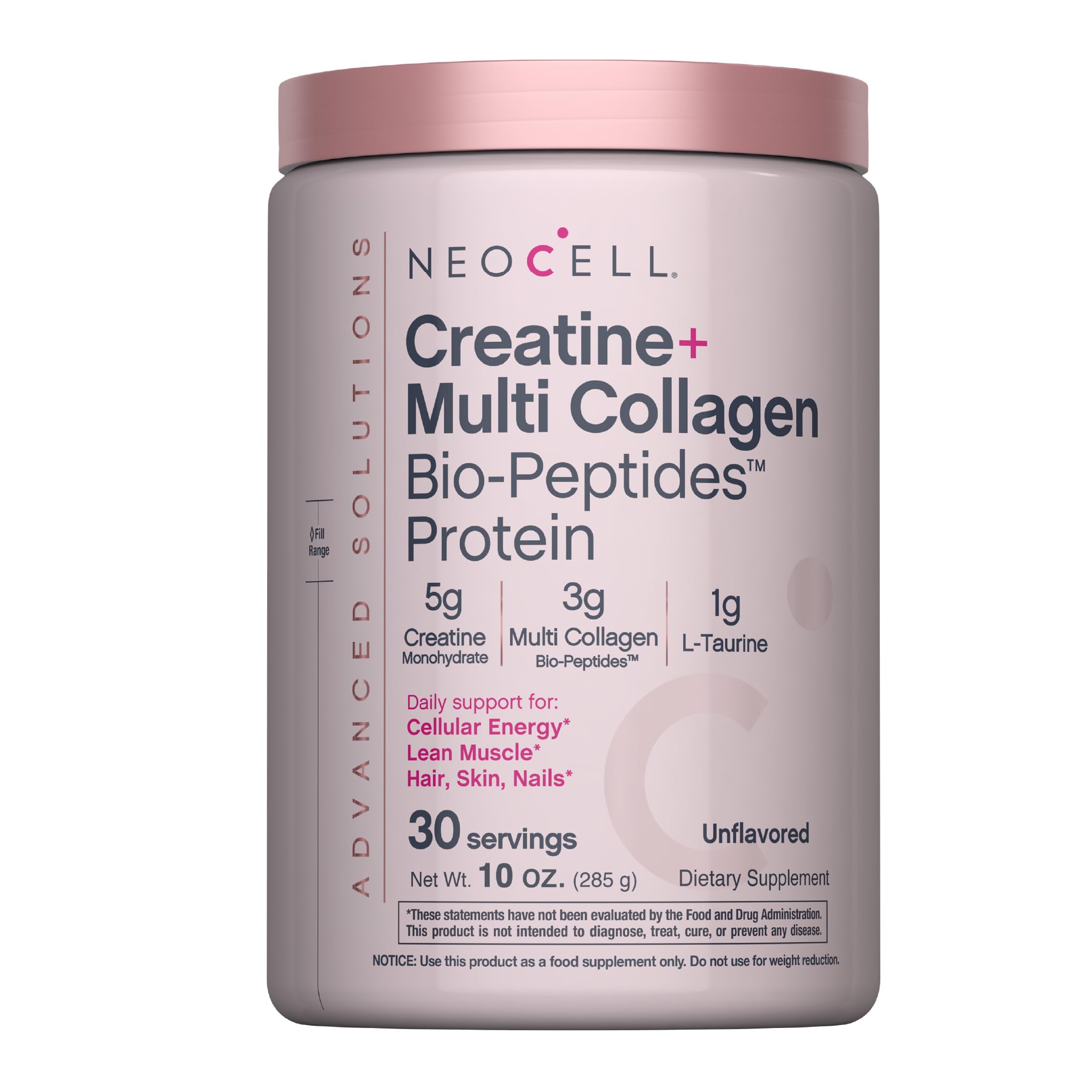 NeoCell envase frontal mostrando creatina y multi colágeno, claridad y confianza