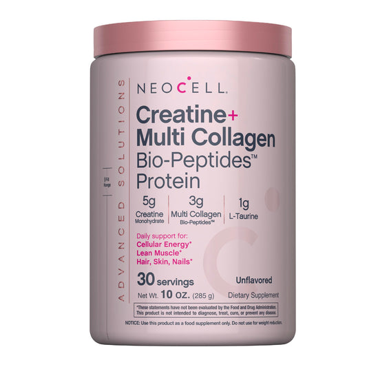 NeoCell envase frontal mostrando creatina y multi colágeno, claridad y confianza