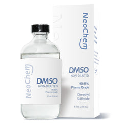 NeoChem botella frontal 8 oz de DMSO 99.95% muestra pureza y envase de cristal