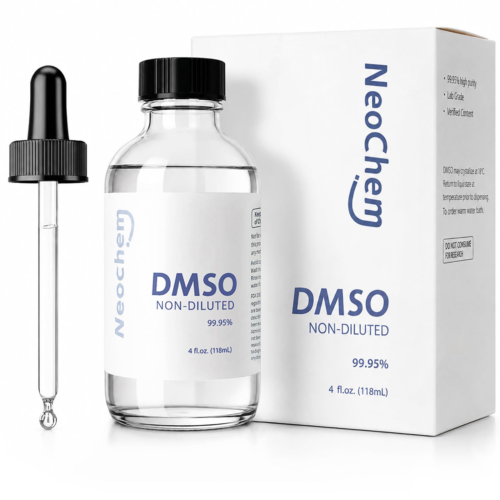 NeoChem frasco frontal con gotero, presentación profesional y control de dosificación