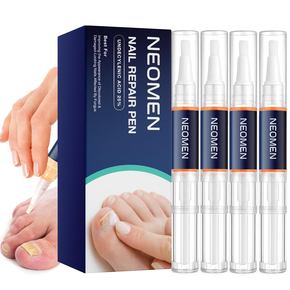 NEOMEN packaging frontal que muestra el set de 4 bolígrafos y apariencia profesional