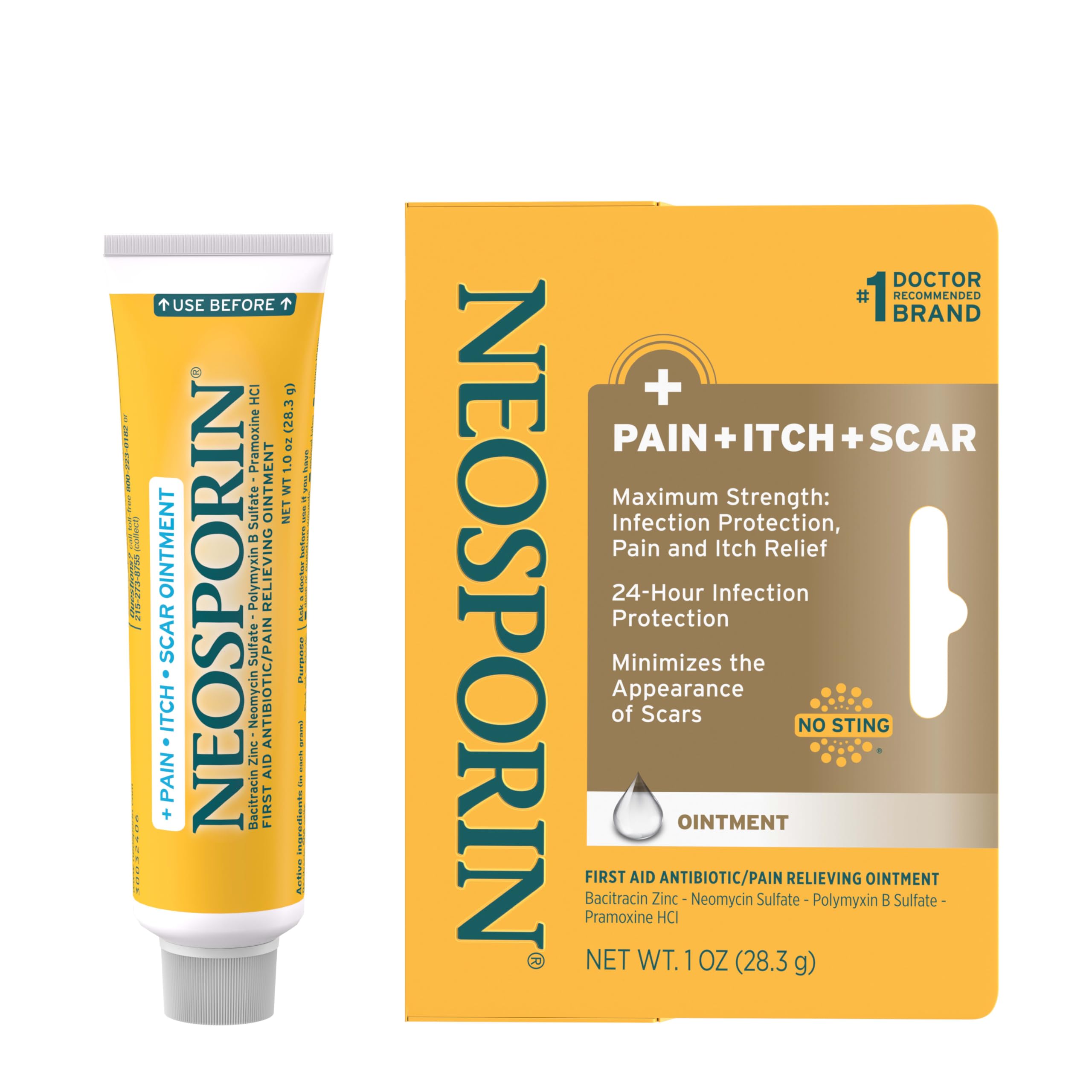 Neosporin frente del tubo mostrando envase y beneficio protección