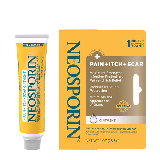 Neosporin frente del tubo mostrando envase y beneficio protección