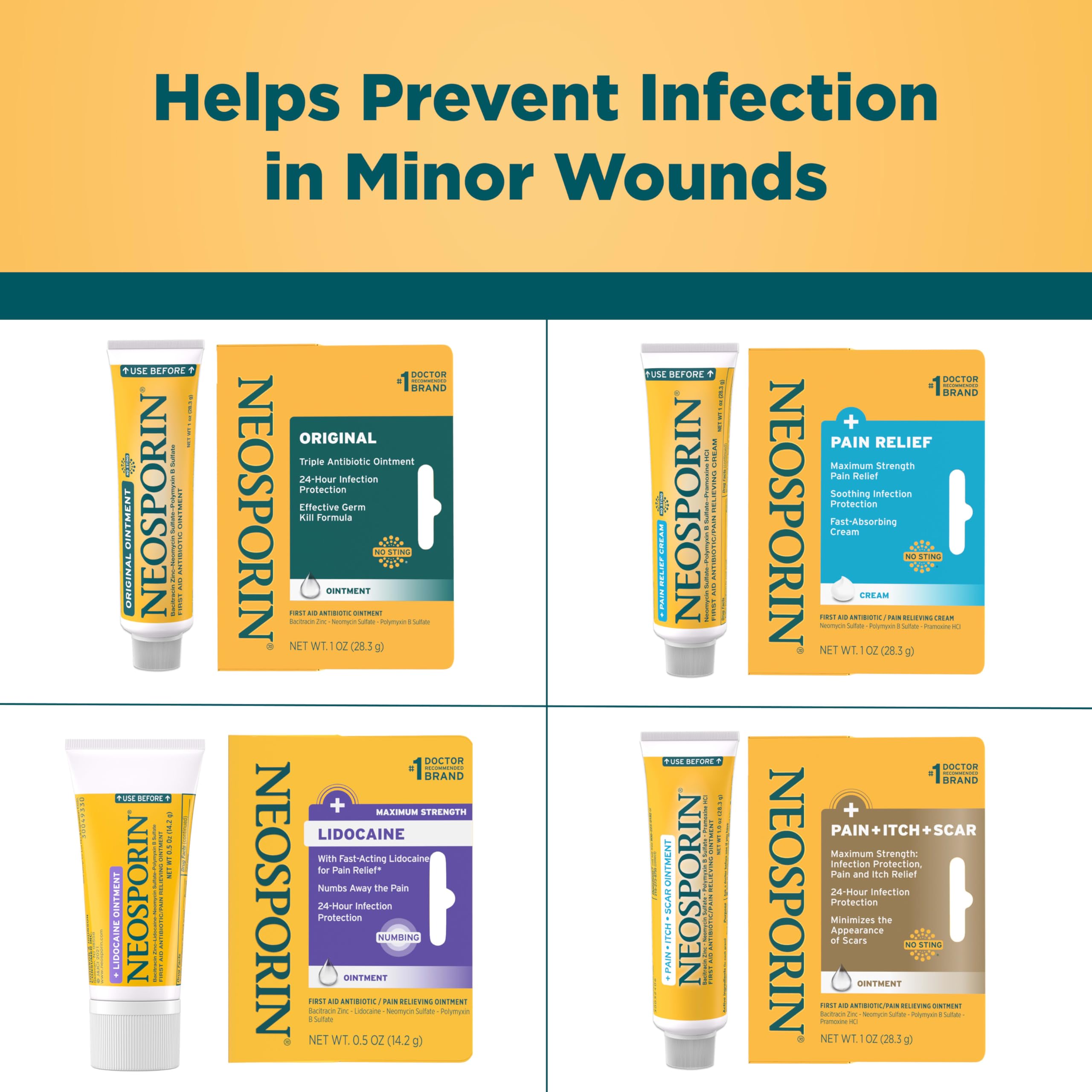 Comparación de tamaño Neosporin 0.5 oz junto a objetos, ideal para llevar