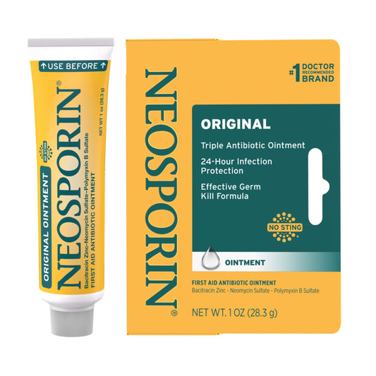 Neosporin tubo frontal mostrando la marca y tamaño, confianza inmediata