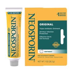Neosporin tubo frontal mostrando la marca y tamaño, confianza inmediata