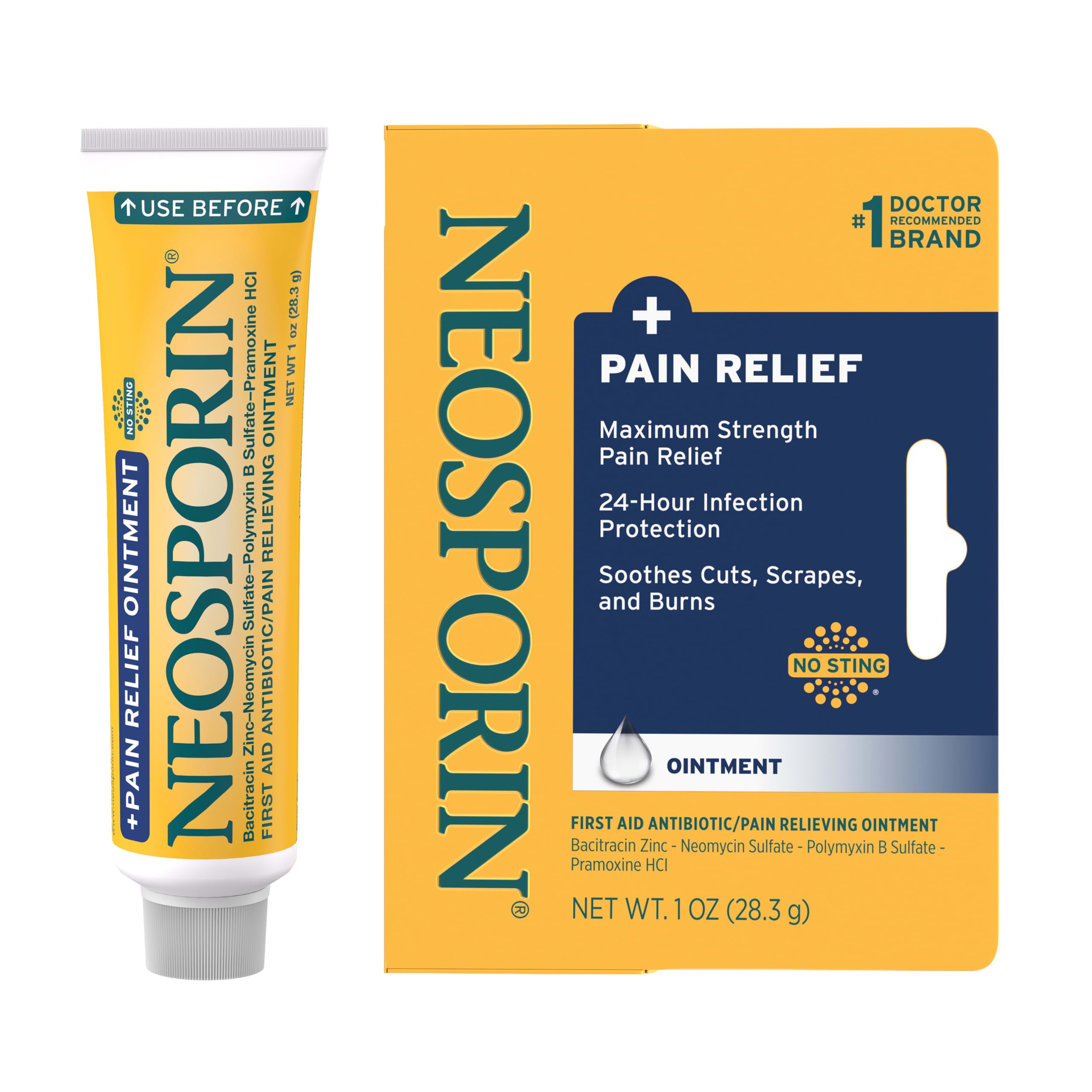 Neosporin tubo frontal 1 oz mostrando diseño y beneficio protección rápida