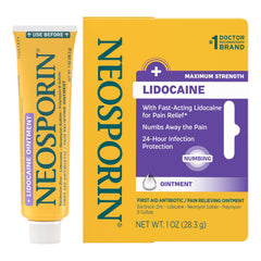 Neosporin tubo frontal mostrando tamaño y marca, conserva para primeros auxilios