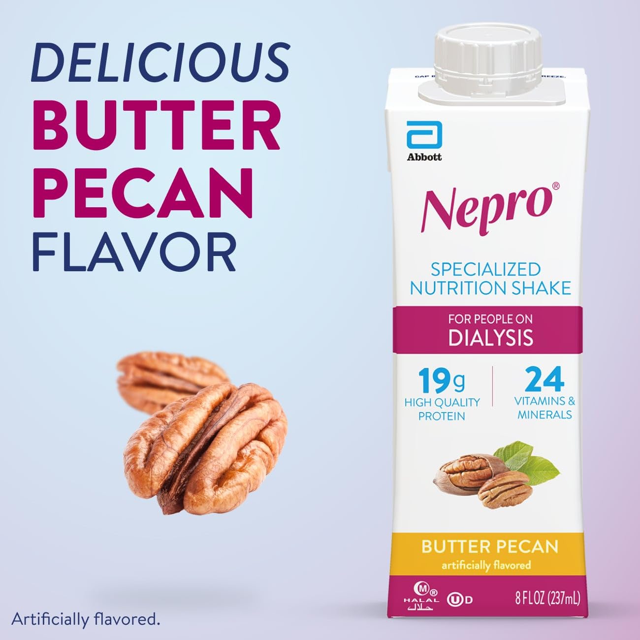 Nepro Butter Pecan en uso durante día de diálisis, aporte concentrado de energía