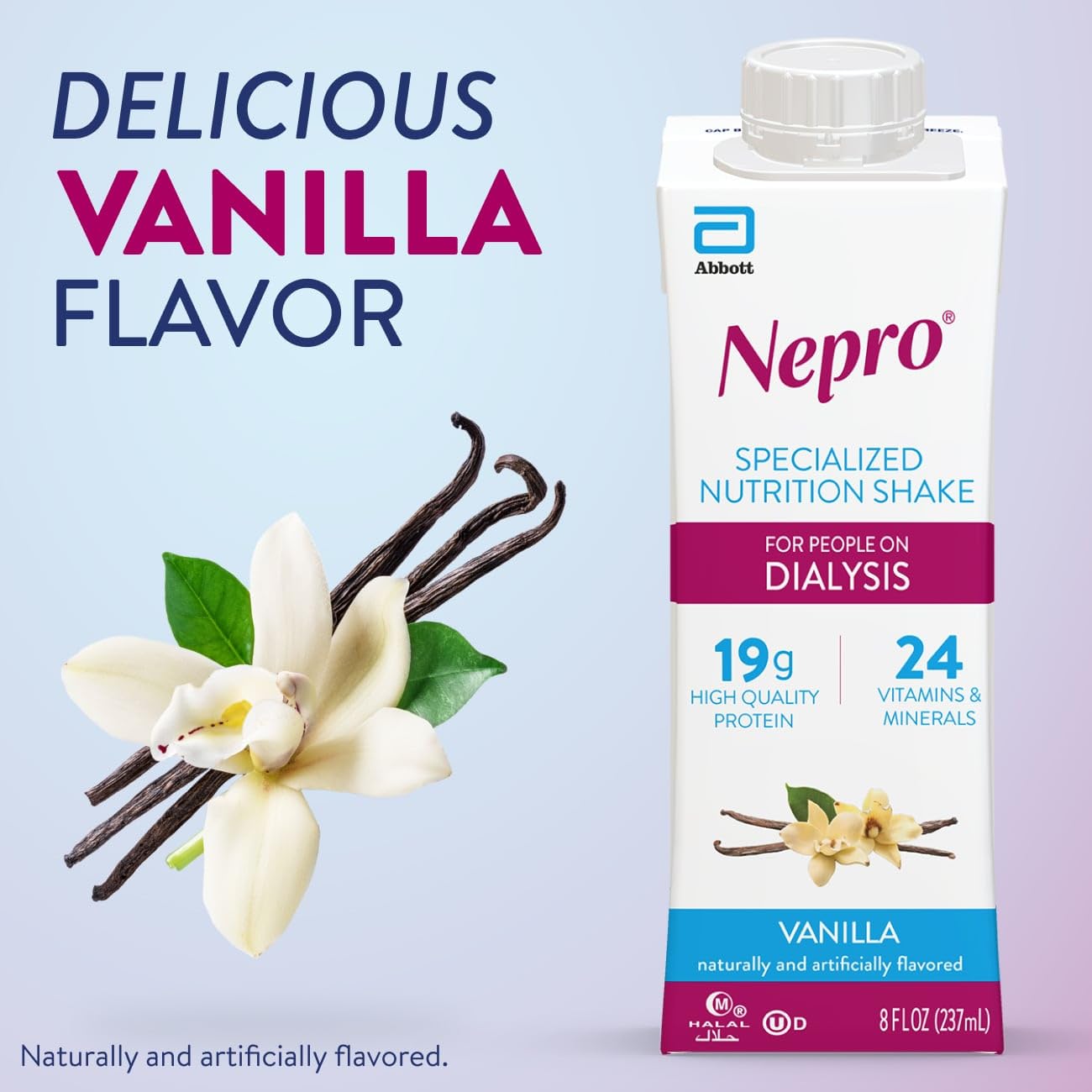 Etiqueta nutricional Nepro Vainilla mostrando 19 g proteína y minerales
