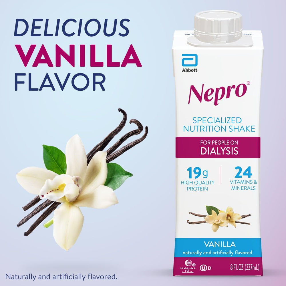 Etiqueta nutricional Nepro Vainilla mostrando 19 g proteína y minerales