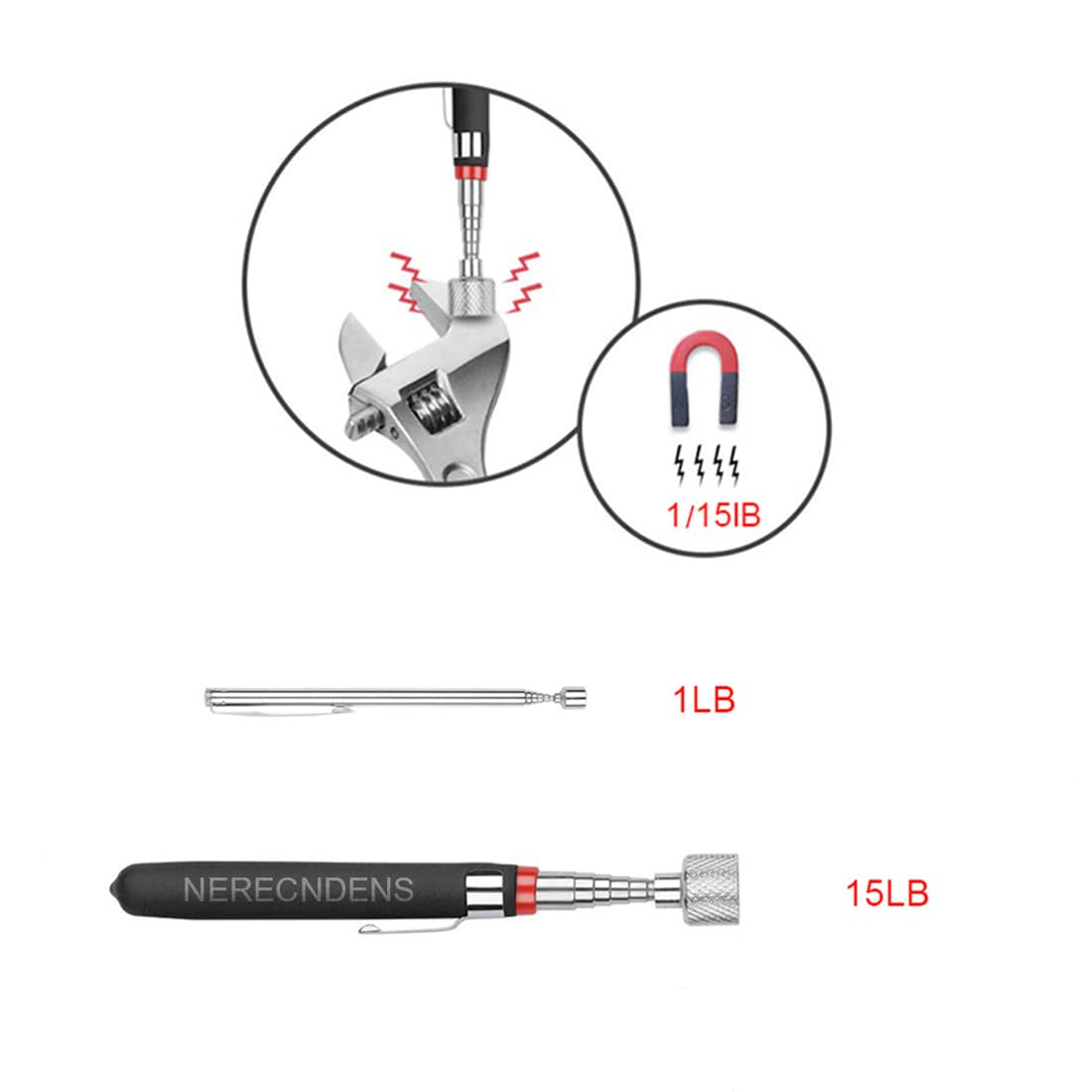 NERECNDENS varilla magnética 1 lb plegada mostrando portabilidad y alcance corto