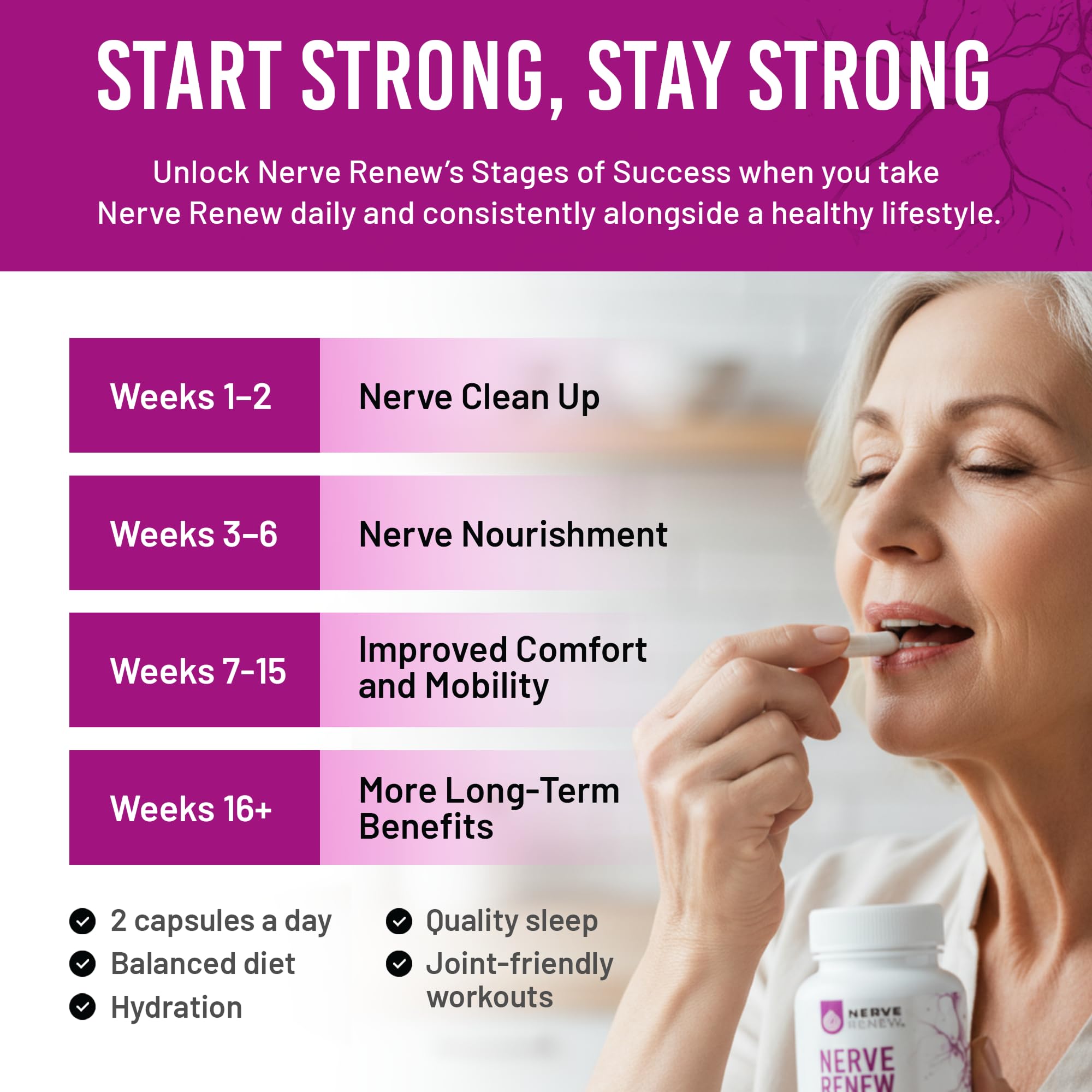 NERVE RENEW envase junto a vaso y fruta sugiriendo integración en rutina diaria saludable