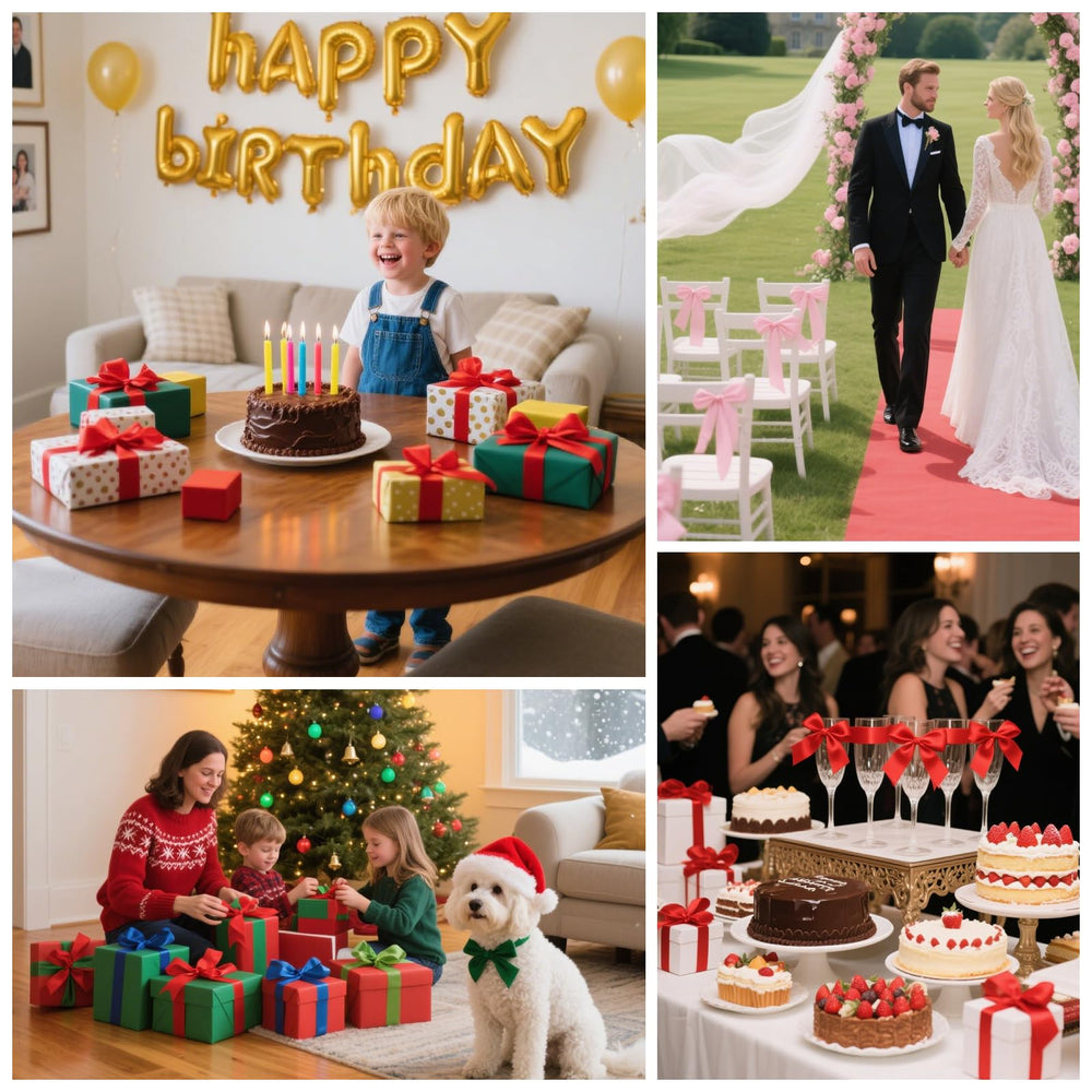 ambientación de boda con cintas NESCCI decorando sillas y centros de mesa