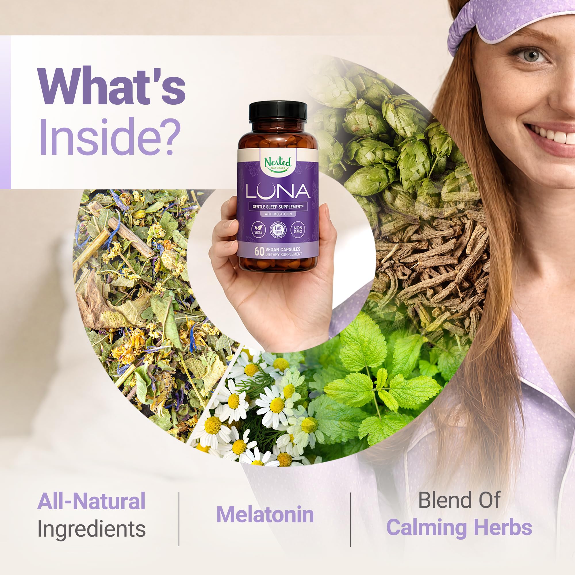 Nested Naturals etiqueta con lista de ingredientes visibles, beneficio transparencia de fórmula