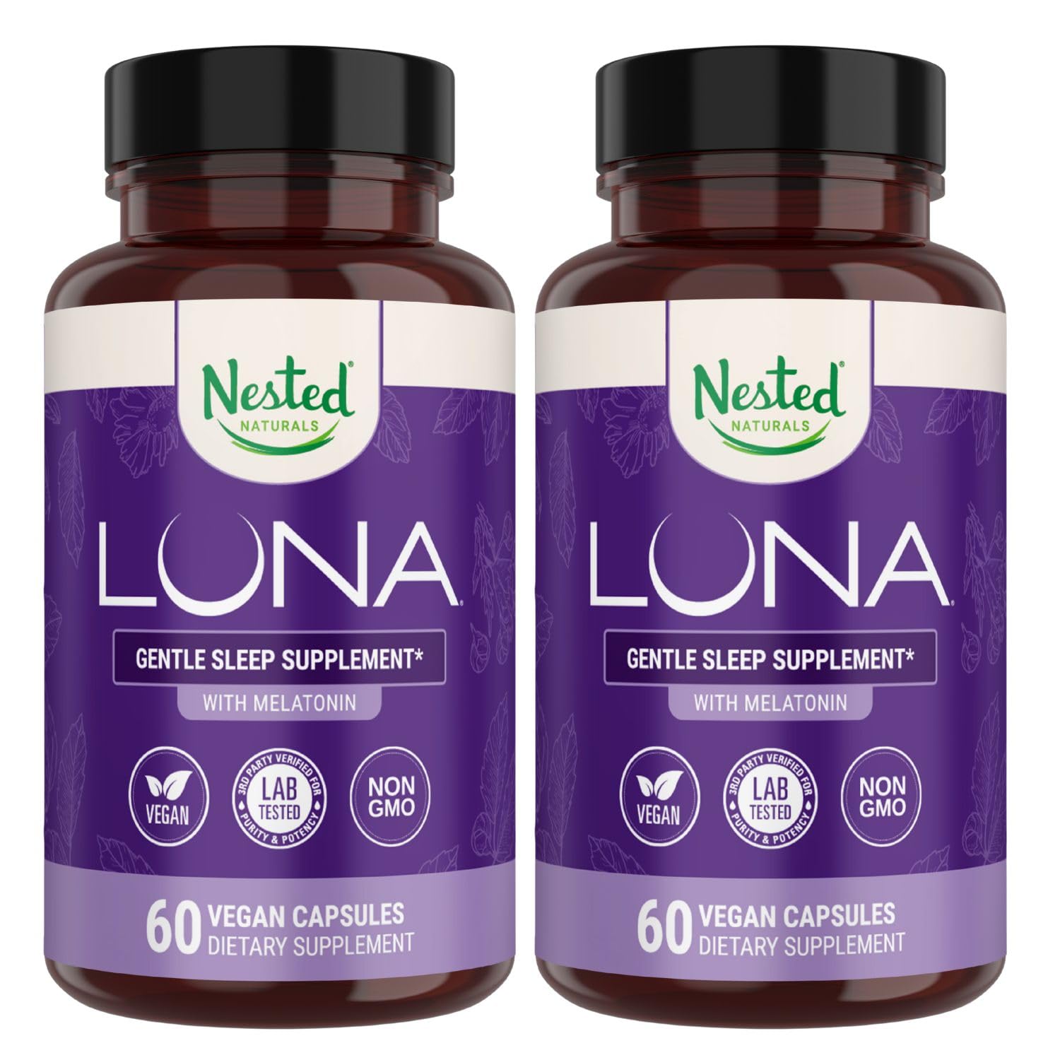 Nested Naturals Luna frente del envase mostrando etiqueta clara y beneficio descanso