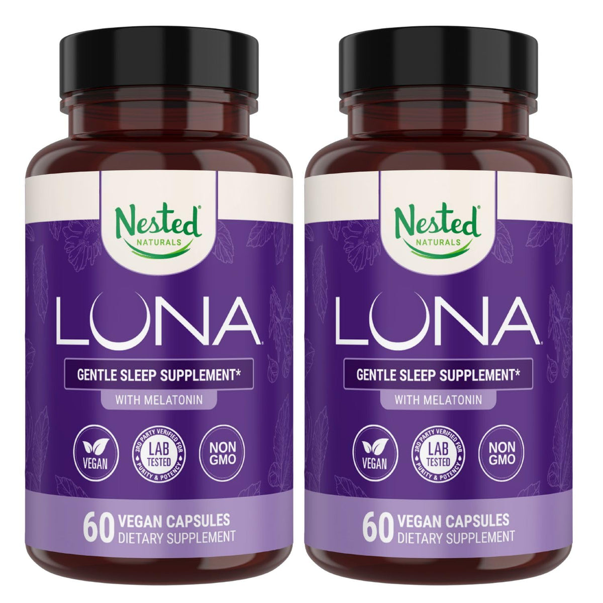 Nested Naturals Luna frente del envase mostrando etiqueta clara y beneficio descanso