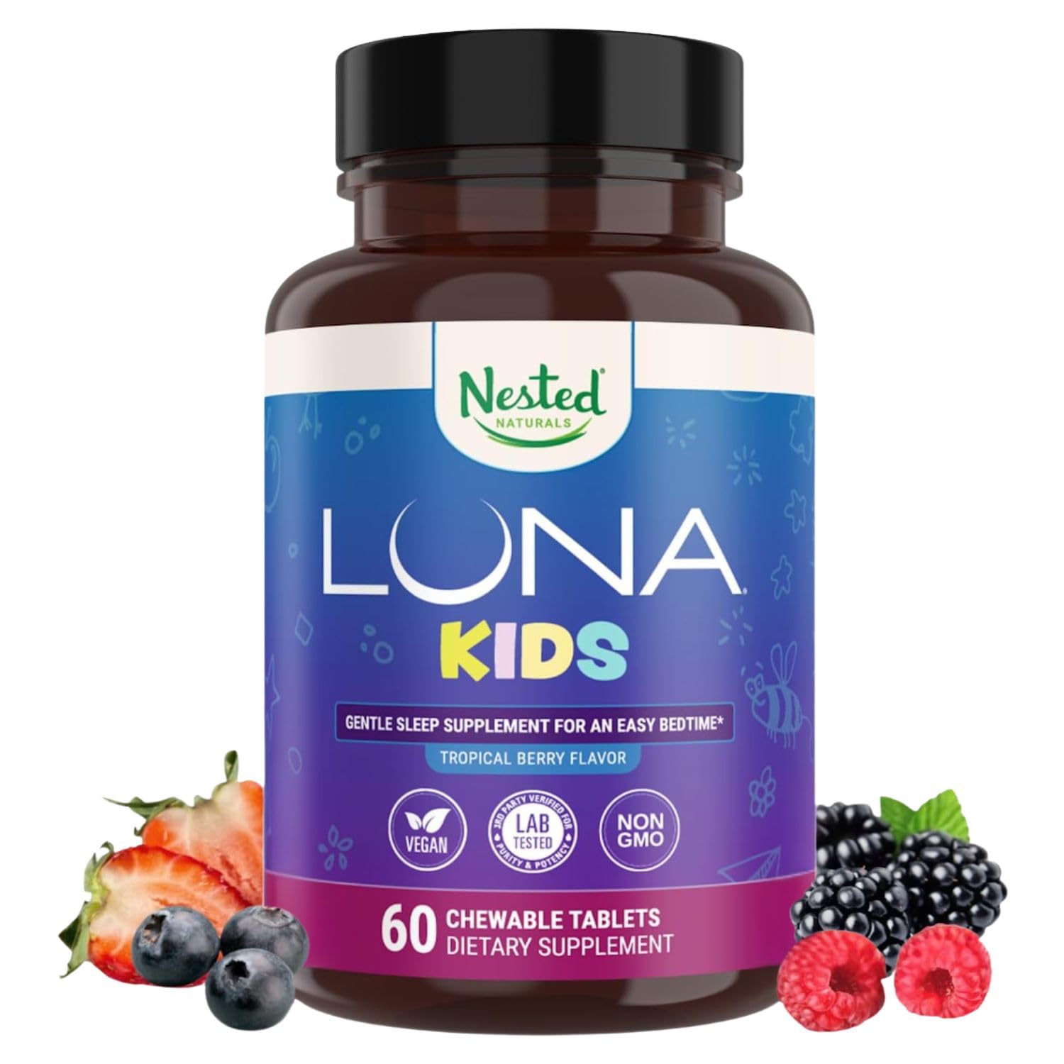 Nested Naturals Luna Kids envase frontal mostrando 60 tabletas y beneficios