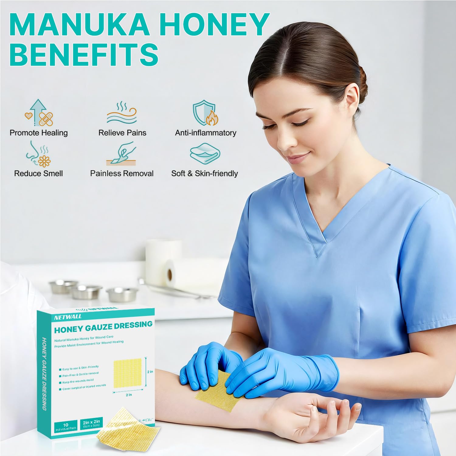 NETWALL primer plano de la miel de Manuka aplicada, beneficio de ambiente húmedo