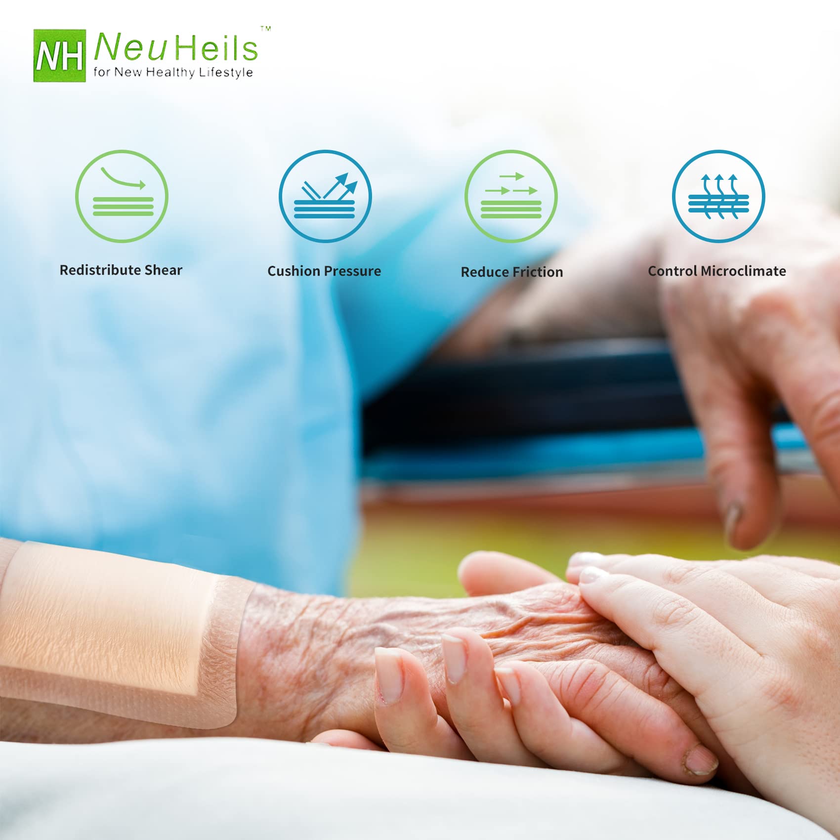 NeuHeils apósito en uso sobre paciente en cama para proteger úlcera