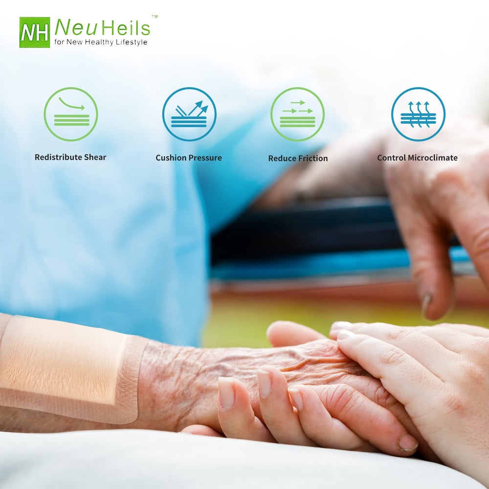 NeuHeils apósito en uso sobre paciente en cama para proteger úlcera