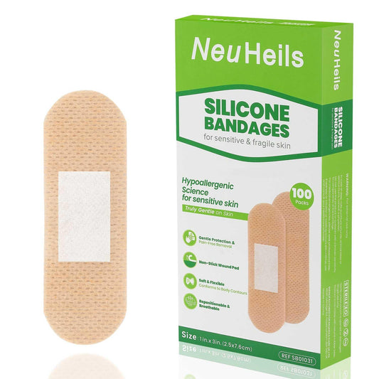 NEUHEILS frontal del paquete mostrando 100 apósitos y beneficio higiene