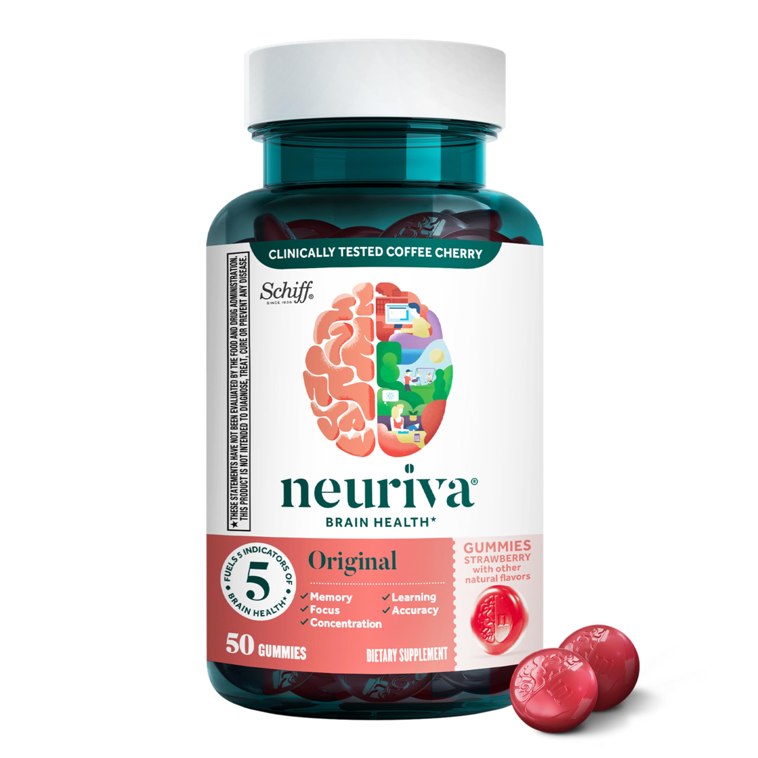 NEURIVA frente del empaque mostrando 50 gomitas y beneficios clave