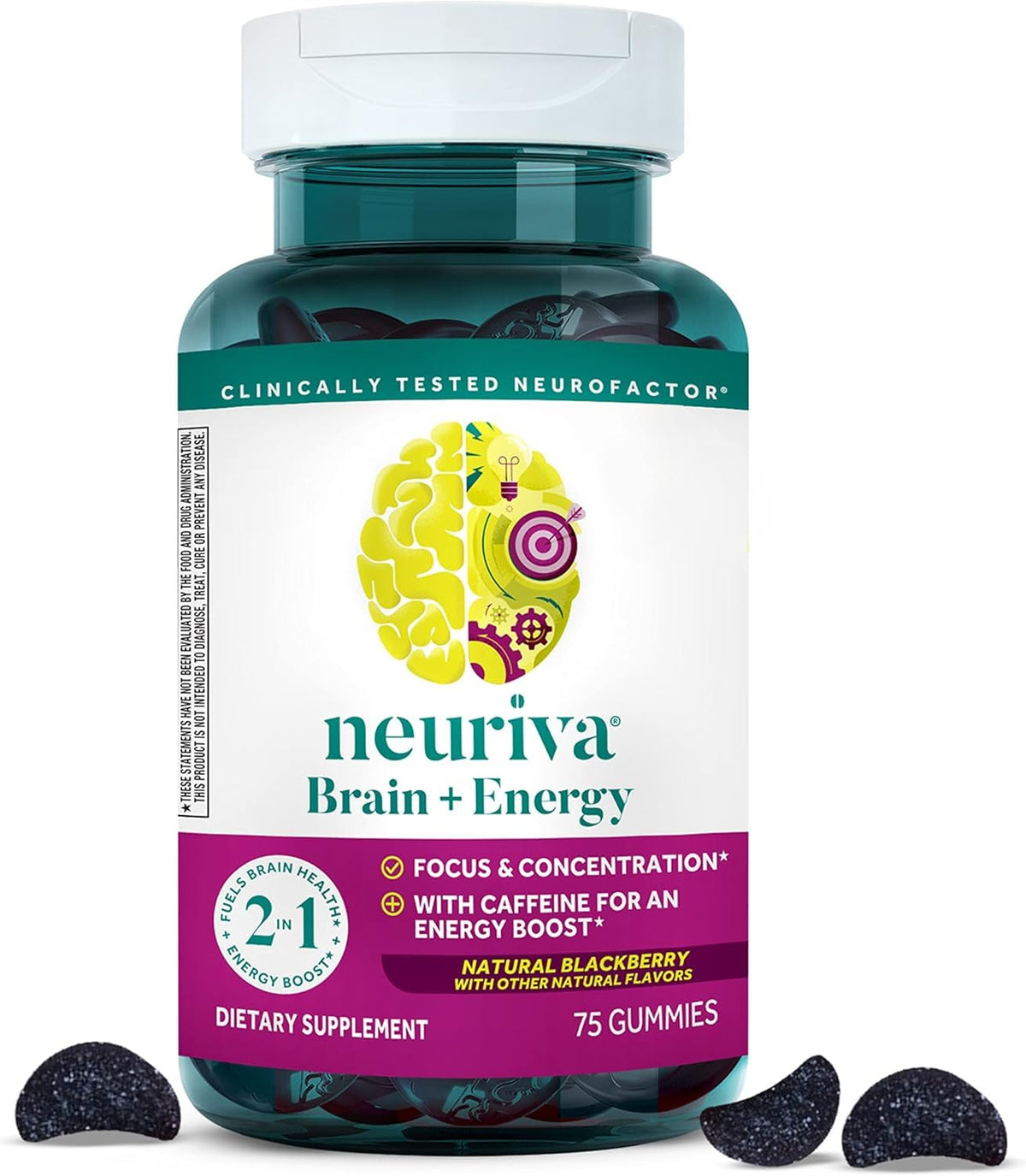 NEURIVA frasco frontal mostrando 75 cápsulas y beneficio de energía
