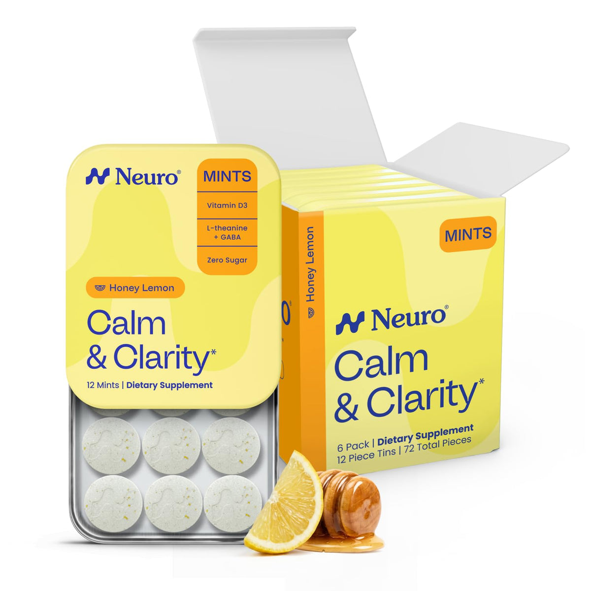 Neuro Calm & Clarity mints frente del empaque mostrando 72 unidades y conveniencia