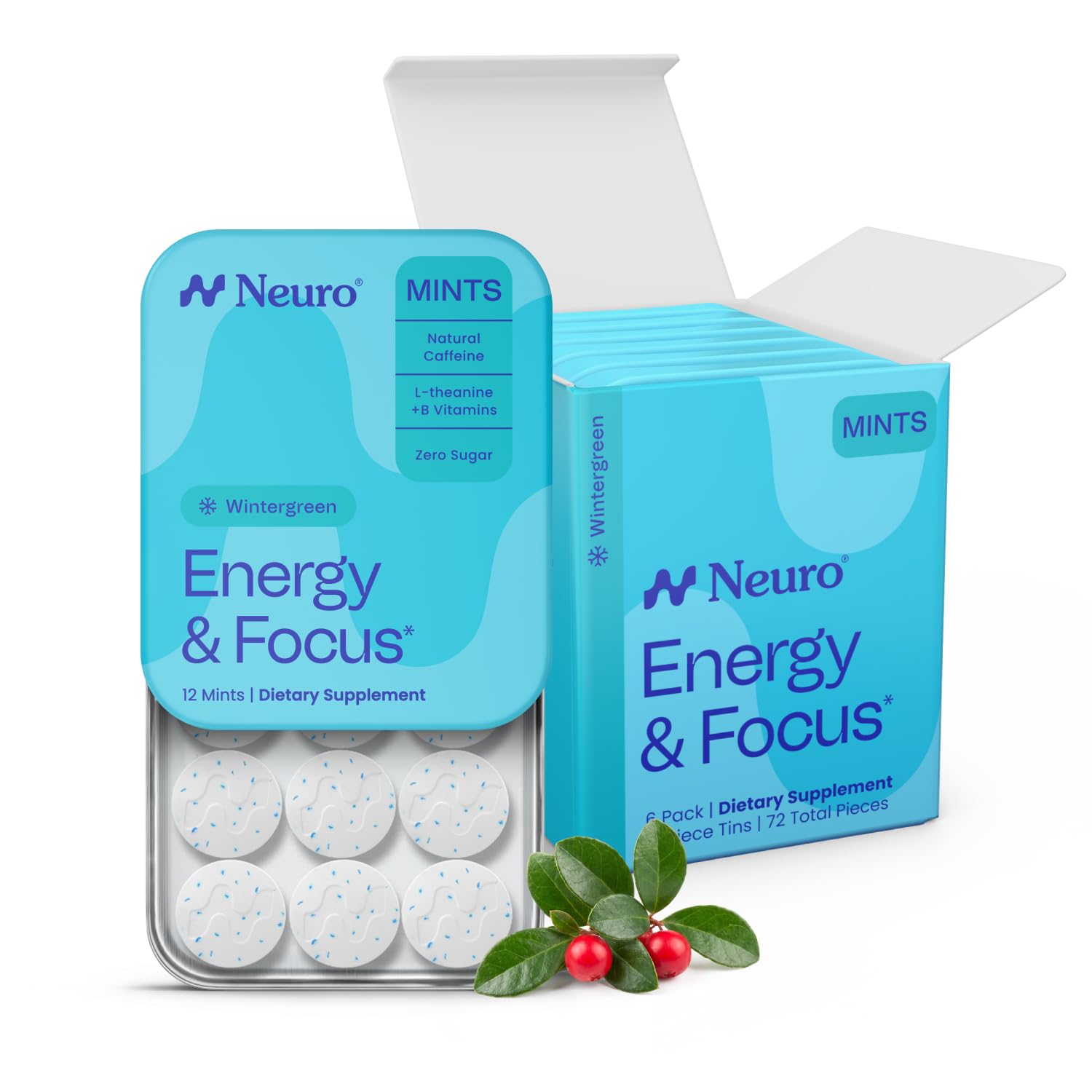 Neuro envase frontal wintergreen mostrando 72 unidades y portabilidad