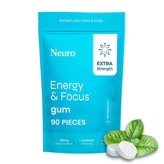 Neuro Goma Energía y Enfoque, paquete portátil para llevar y usar.