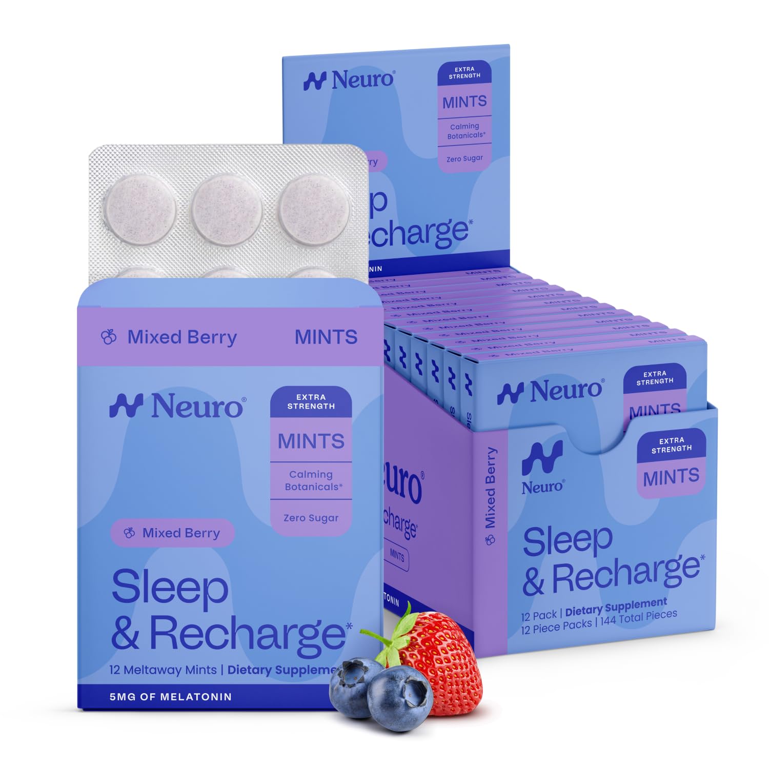 Neuro envase frontal de Meltaway Mints extra strength mostrando cantidad 144 para conveniencia