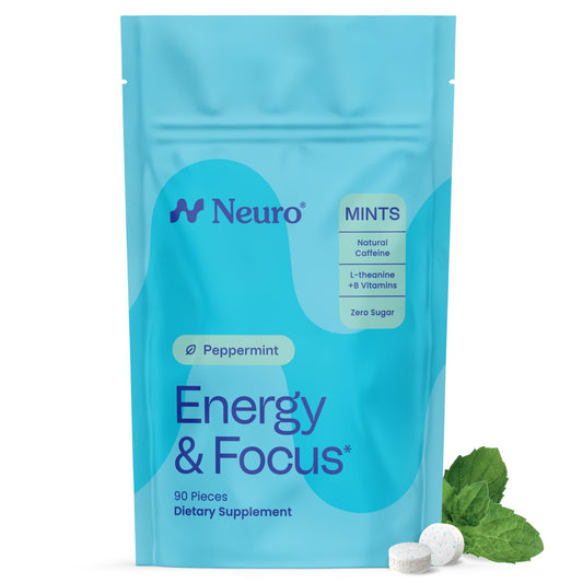 Neuro mints frasco frontal mostrando 90 unidades para fácil transporte