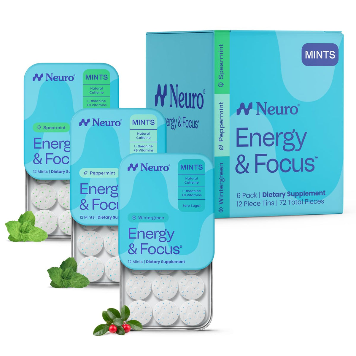 Neuro pack frontal mostrando los seis paquetes y beneficio de variedad