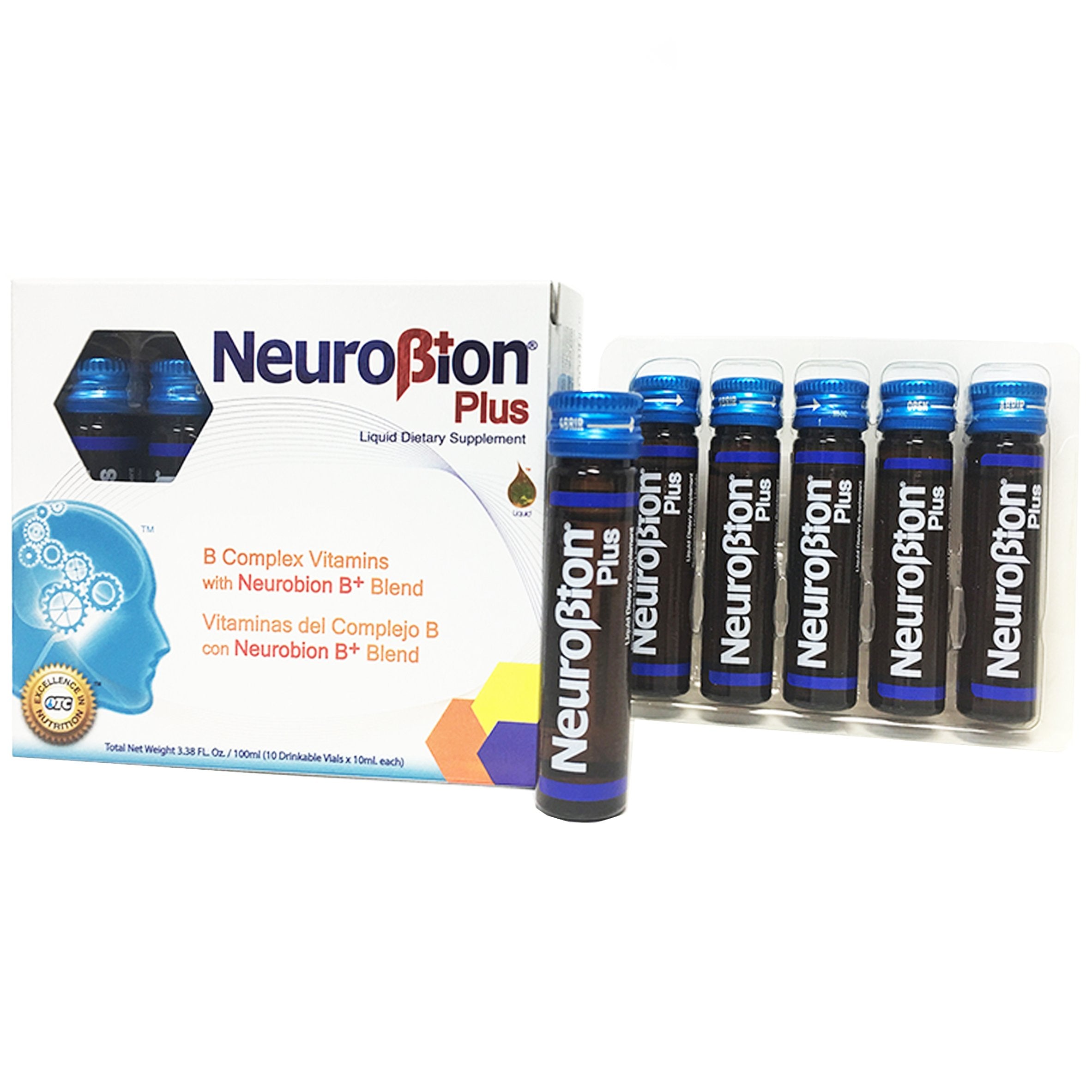 Neurobion detalle del vial líquido resaltando fácil absorción