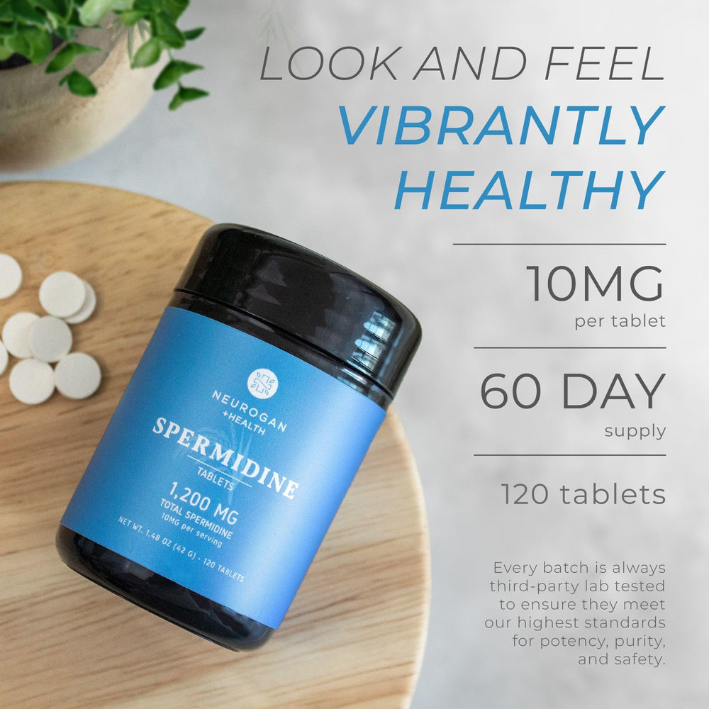 Neurogan Spermidina: cápsulas en la mano, indicación de uso diario para apoyo celular.
